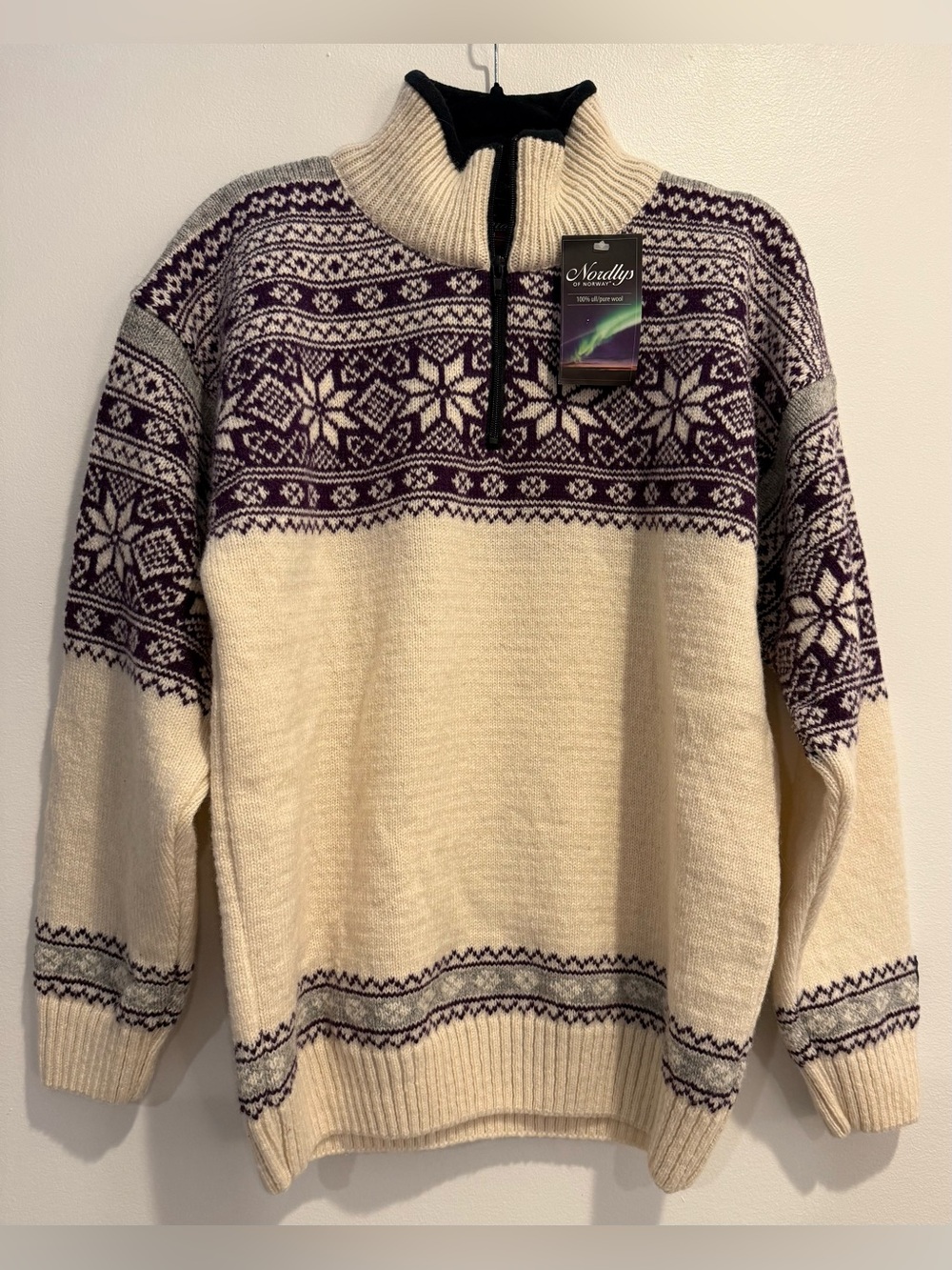 NWT Nordly’s 100% Pure Wool Cream Purple Fair Isle Nordic Pattern Quarter Zip